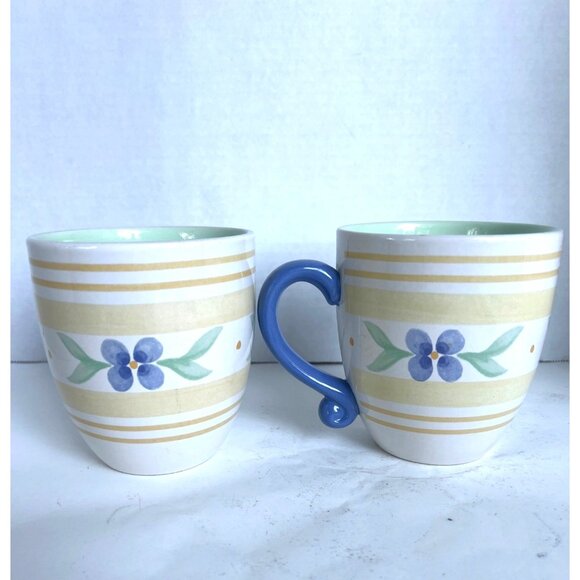 Pfaltzgraff Summer Breeze Coffee Mugs Yellow Blue Mint Set Of 2 16oz GrannyCore - Picture 2 of 5
